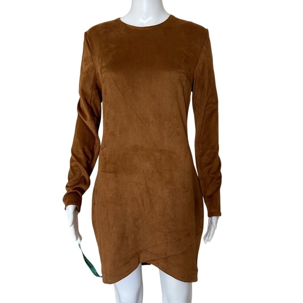 Mistress Rocks Long Sleeve Round Neck Tan Vegan Suede Asymmetric mini Dress - L - Picture 1 of 8